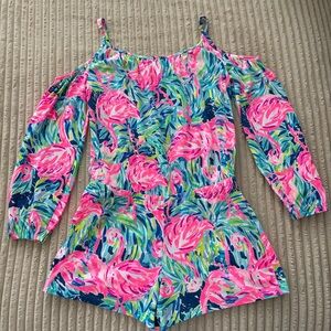 Lilly Pulitzer Girls Candice Romper Flamingo XL (12-14)